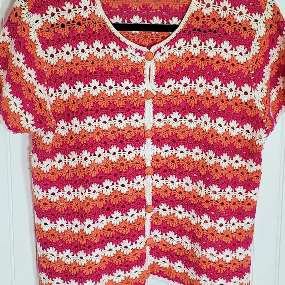 Crochet Button-Down Short Sleeve Shirt - Pink, Orange & White